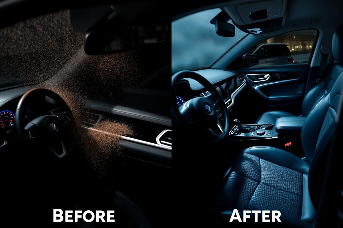 Before and after interior detailing — dusty dashboard transformed to a clean, protected cabin