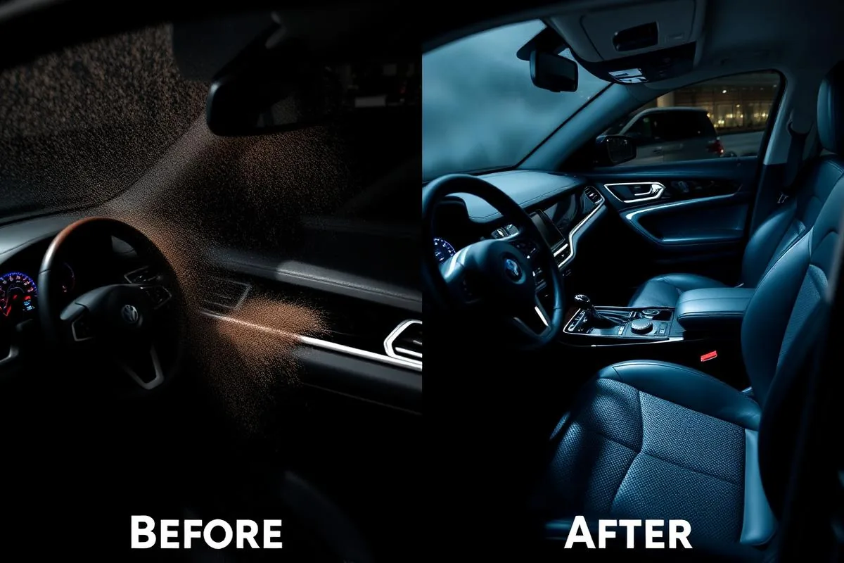 Before and after interior detailing — dusty dashboard transformed to a clean, protected cabin